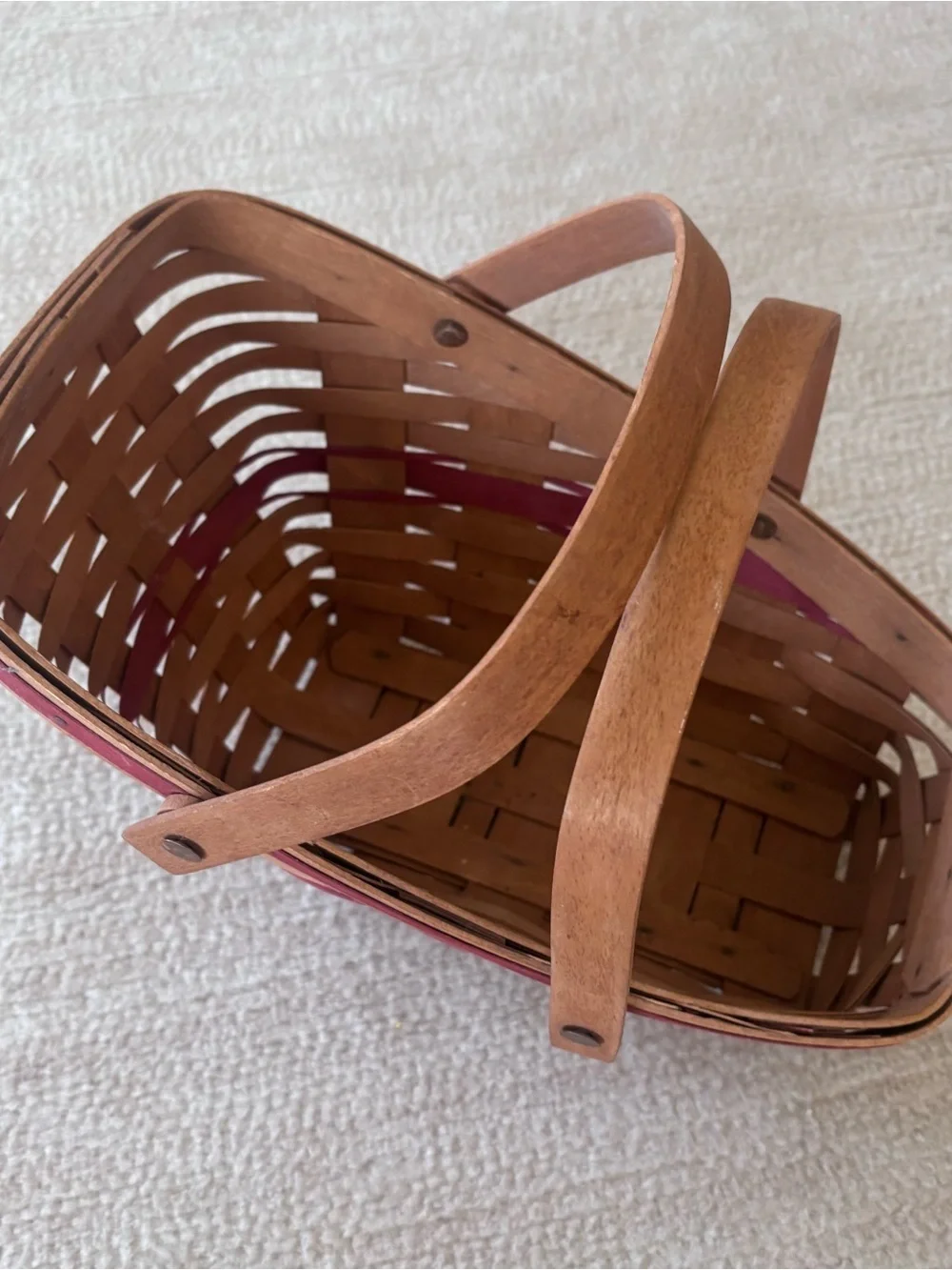 Longaberger 1991 Natural Wood Basket with Raspberry Accent